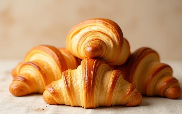 Golden, flaky butter croissants stacked on a wooden board