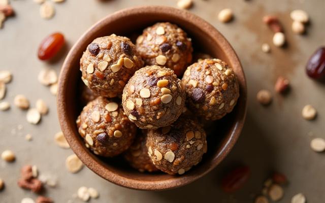Bowl of healthy energy bites made with oats, dates, and seeds