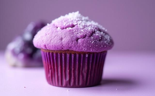 Vibrantly purple gluten-free Ube muffin with a crystal sugar topping