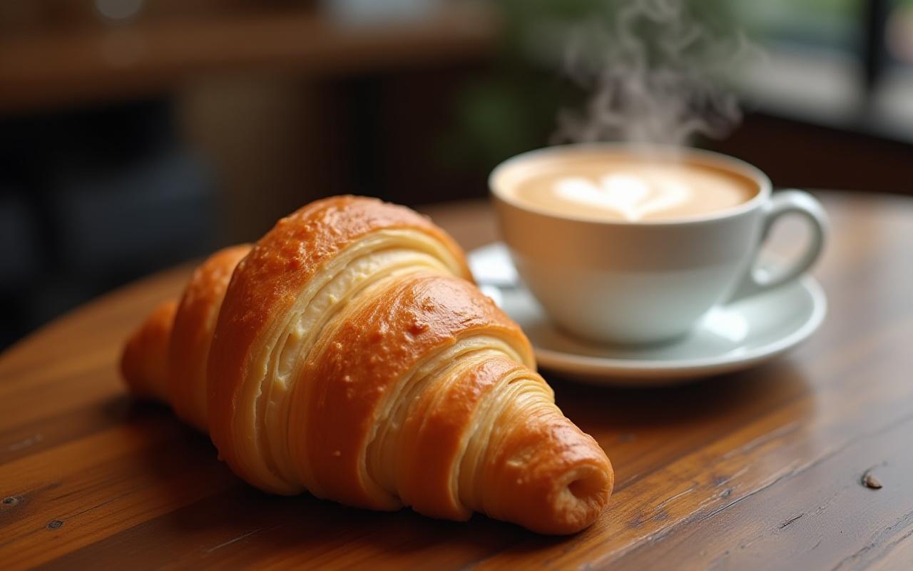 Flaky croissant next to a steaming cappuccino on a rustic wooden table