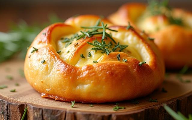 Golden savory herb and cheese Danish with fresh herbs
