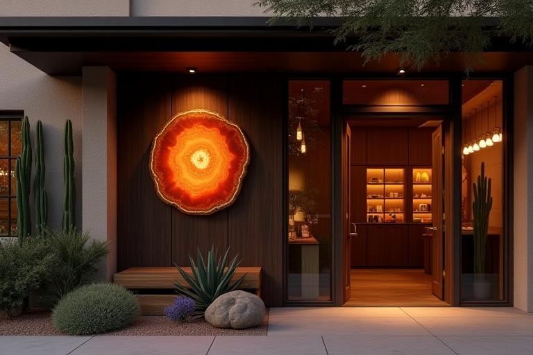 Welcoming exterior of Agate Aroma storefront with an agate slice sign