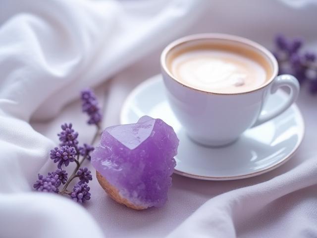 Delicate lavender latte, a purple Amethyst crystal, and a light blueberry scone.