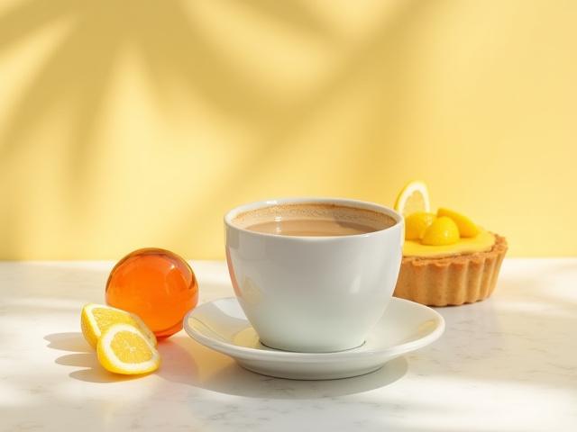 Bright Kenyan AA coffee, an orange Carnelian gemstone, and a zesty lemon tart, arranged artfully.