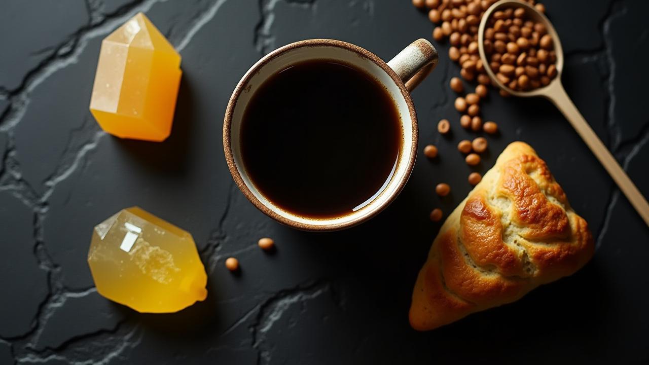 A stunning flat lay featuring a cup of dark coffee, a bright yellow citrine crystal, and a lemon scone on a dark slate background, illustrating a harmonious blend of taste and energy.