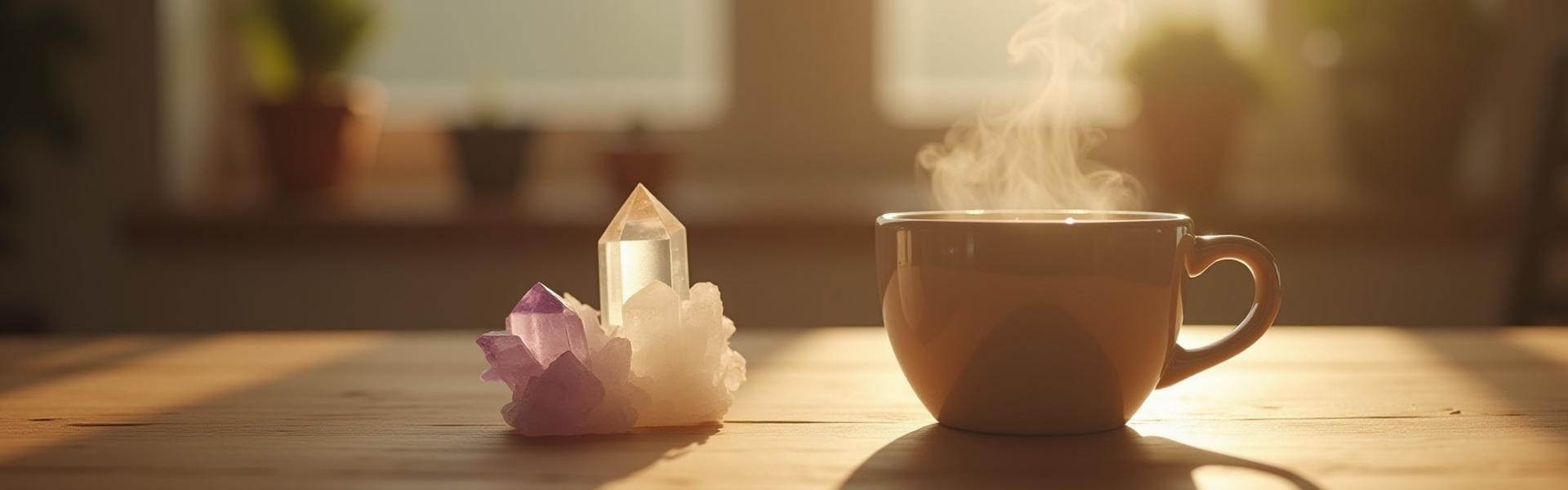 Soft-focus image of a warm coffee cup next to a sparkling, polished crystal on a rustic wooden table, conveying calm and natural elegance.