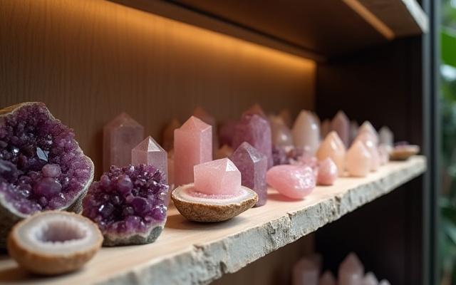 A finely detailed shelf display of various sizes and types of crystals, catching the ambient light and creating appealing reflections.