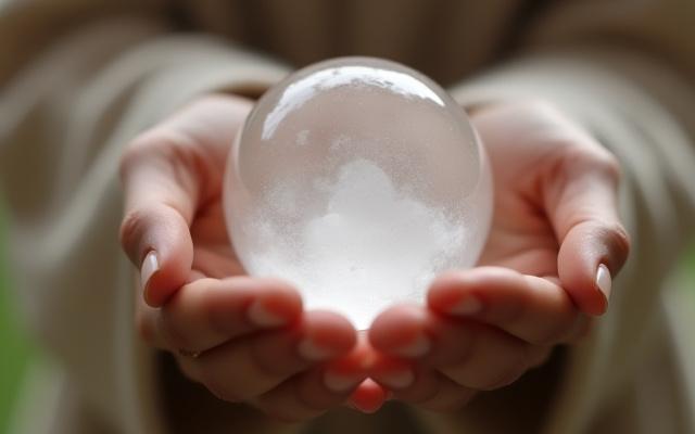Close-up of a customer's hands gently holding a beautifully polished crystal, with soft focus on the stone, in the serene environment of the boutique.