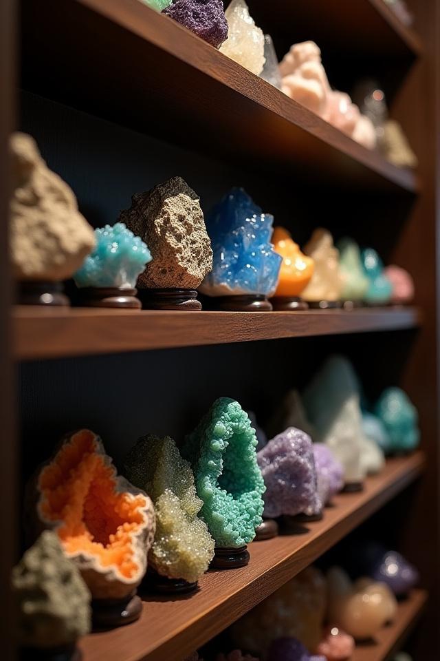Rows of meticulously arranged, diverse raw mineral specimens on a display shelf, highlighting their unique textures and natural colors.