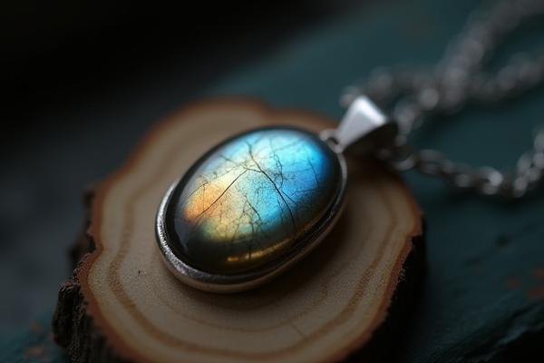 Elegant handmade necklace featuring a polished labradorite gemstone with a silver chain, displayed on a wooden stand.