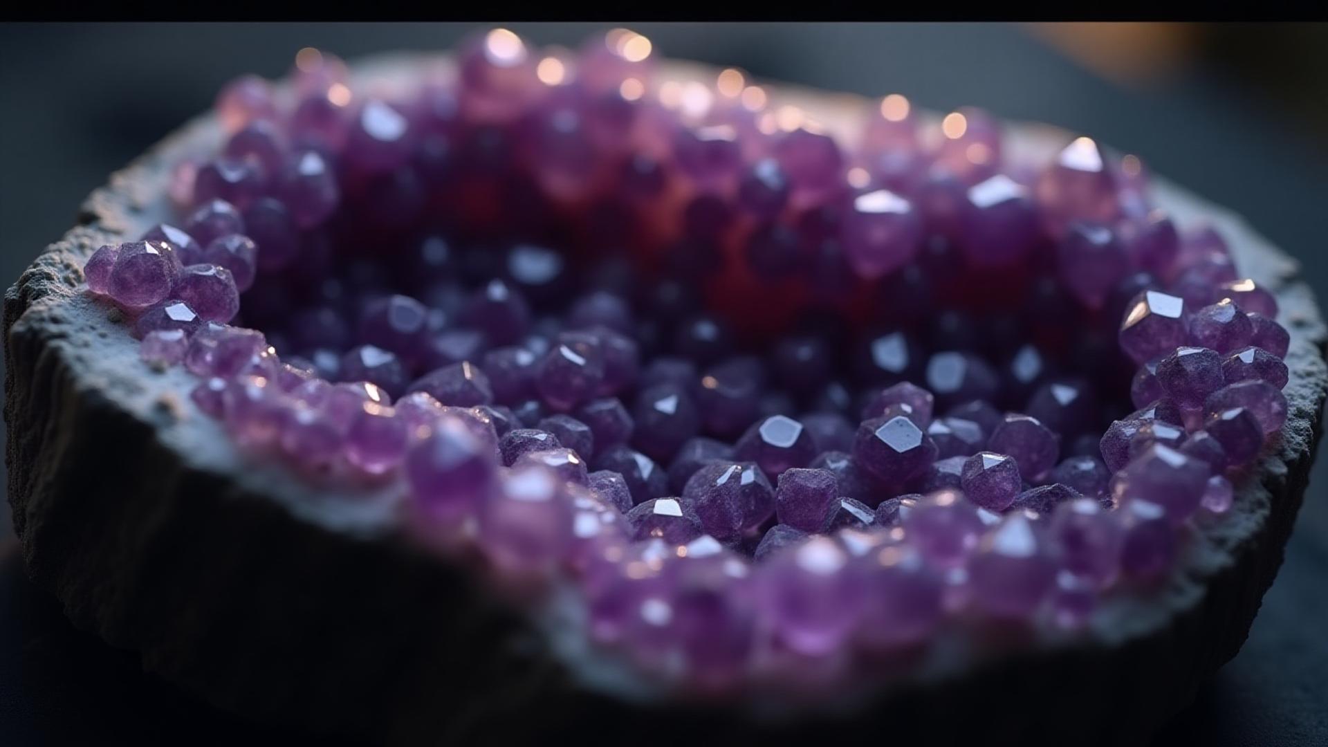 A stunning close-up of a vibrant amethyst geode sparkling with natural light, showcasing crystals.
