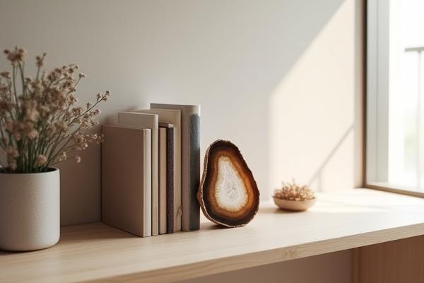 Stylish home decor featuring agate bookends holding artisanal books on a minimalist wooden shelf.