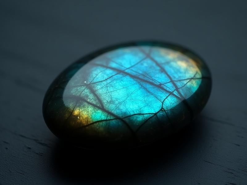 A captivating Labradorite palm stone, showcasing a strong blue and green iridescence (labradorescence) under soft light.