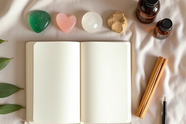 A curated wellness kit featuring several polished crystals, a small Palo Santo stick, and an herbal tea bag, arranged for relaxation and intention setting.