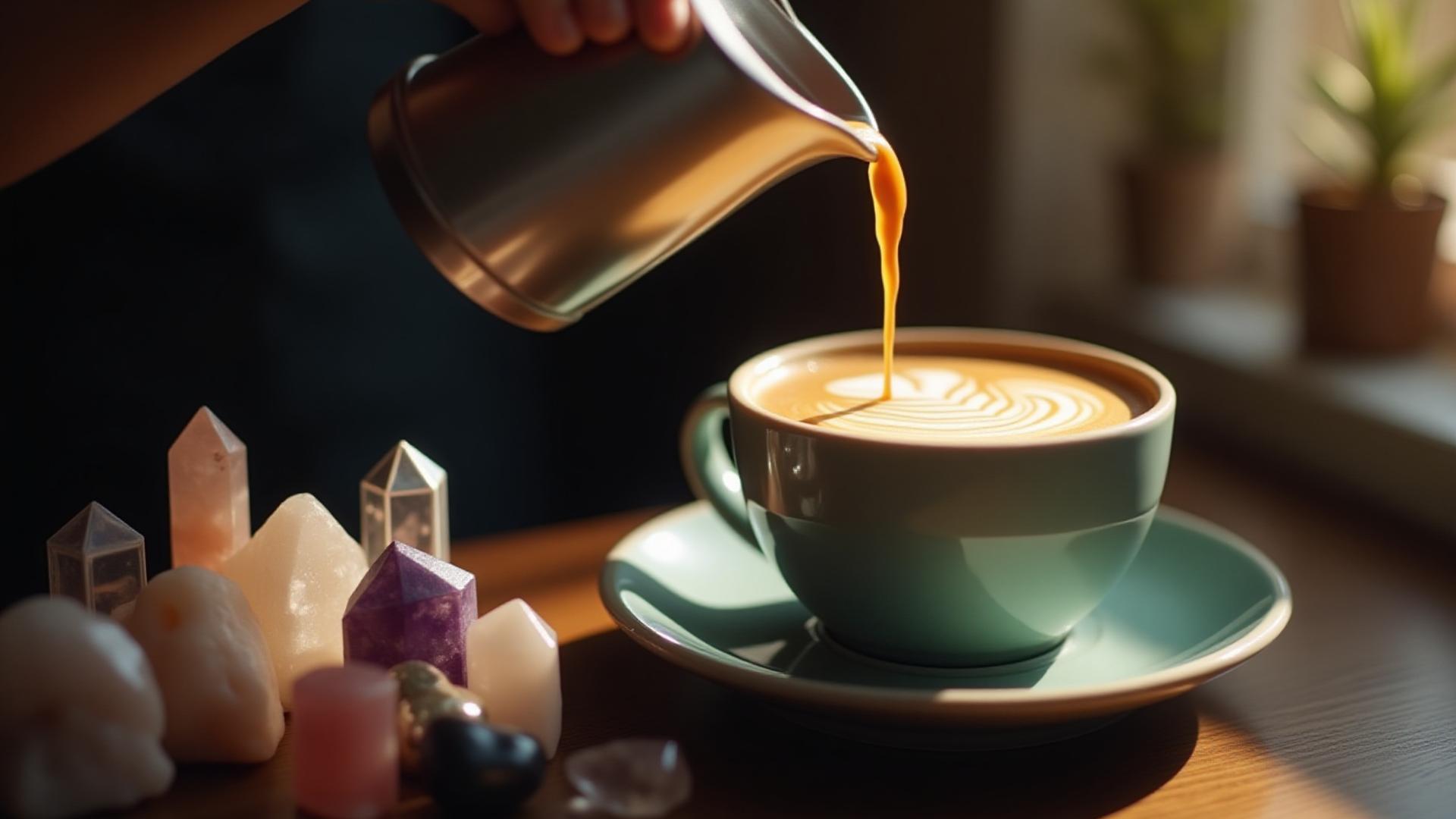 A barista pouring latte art next to an artfully arranged collection of polished crystals and rough gemstones, creating a warm, inviting glow.
