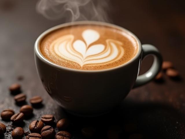 Close up of a freshly poured latte with intricate latte art amidst steaming coffee beans.
