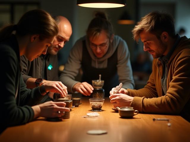 A diverse group of people engaged in a hands-on workshop, with coffee brewing equipment and various minerals on the table.