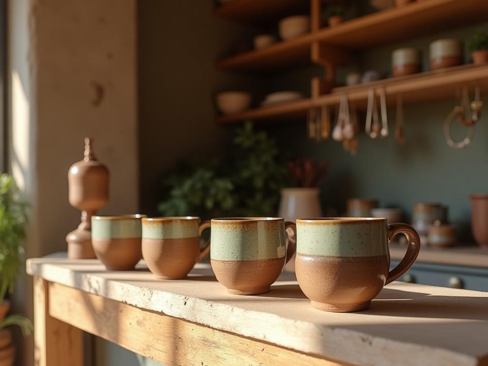 Beautifully crafted ceramic mugs and intricate gemstone jewelry displayed artfully on a wooden shelf in a sunlit boutique section.