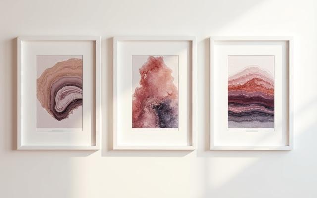 Framed art prints featuring abstract gemstone-inspired designs, displayed in a gallery setting.