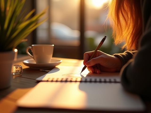 Artist sketching in a cozy cafe setting, with a coffee cup nearby, focusing on natural forms.