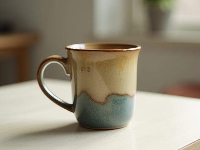 Handcrafted ceramic coffee mug with a unique glaze and a subtle gemstone inlay.