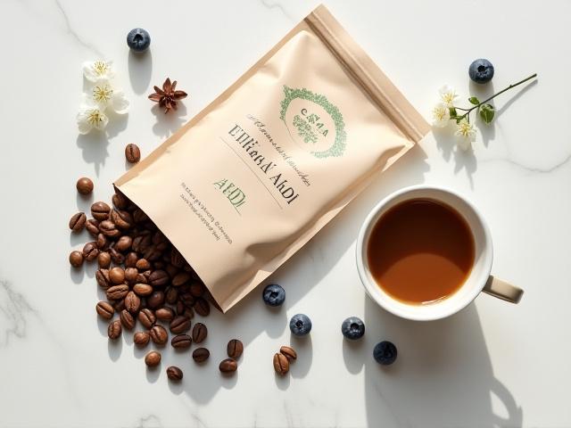 Bag of Ethiopian Sidamo Ardi coffee beans with a freshly brewed cup and a sprig of jasmine.