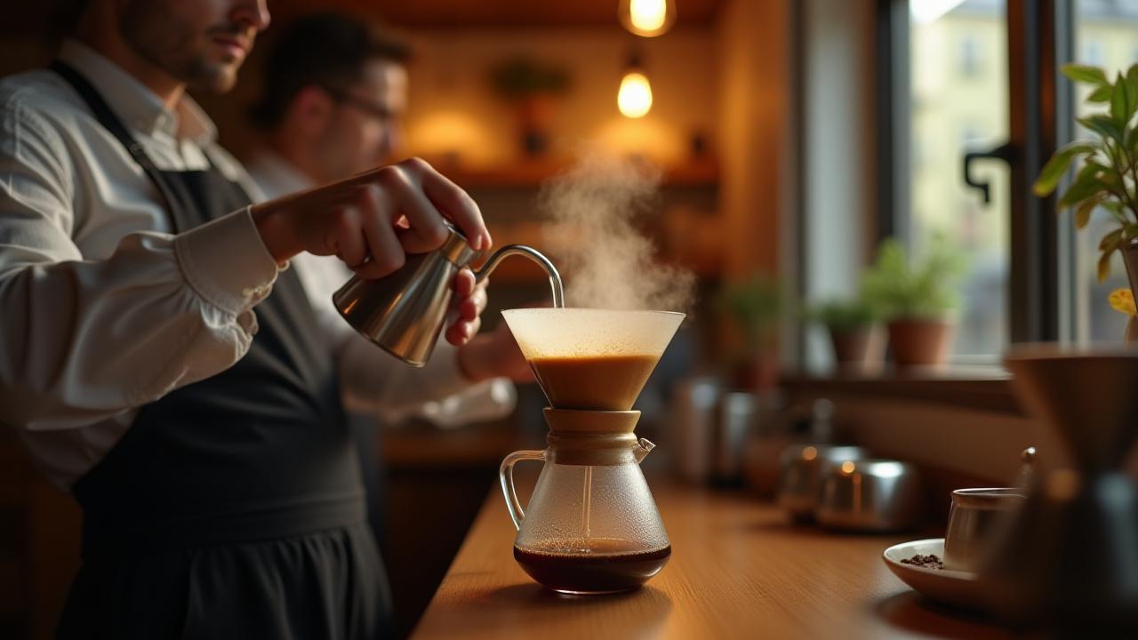 Barista meticulously performing a pour-over coffee ritual, steam rising, in a warm, inviting coffee shop setting.