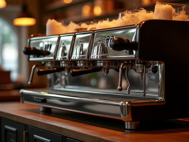 Gleaming, state-of-the-art espresso machine glistening under soft cafe lights.