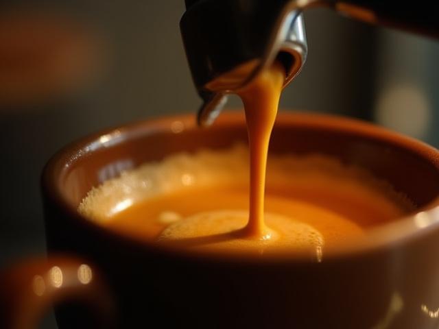 Close-up of golden espresso crema expertly pouring into a ceramic cup.