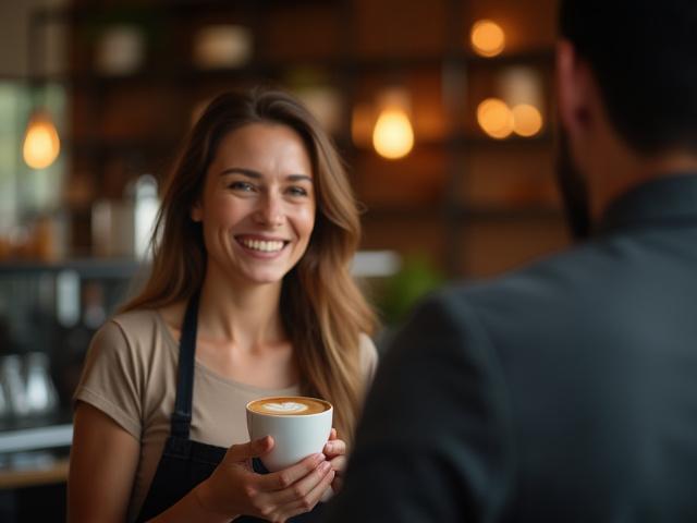Smiling customer receiving a beautifully crafted latte from a friendly barista.
