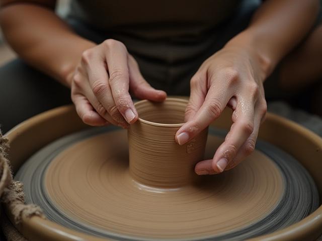 Close-up of hands working on a delicate pottery piece on a wheel, soft focus on creative process