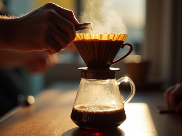 Hands operating a pour-over coffee setup, brown ceramic dripper and glass carafe, warm inviting light