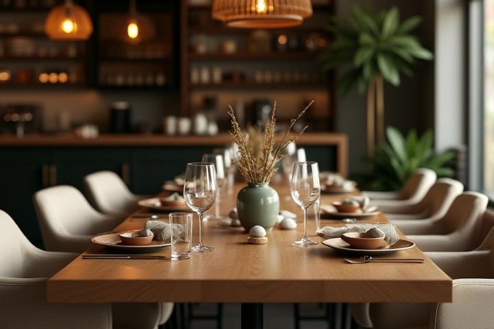 Elegantly set up long wooden table in a warm, inviting coffee shop space with subtle decor, ready for a private gathering